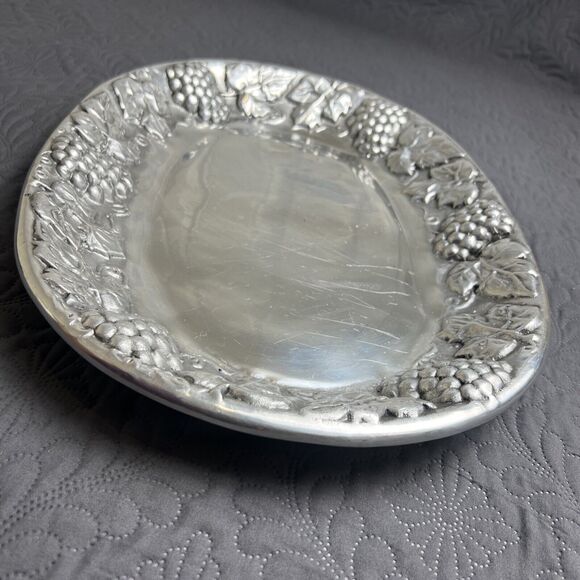 VTG Mexican Pewter Grape & Vine Silver Tray Platter  Large Holiday Serverware - Picture 12 of 12